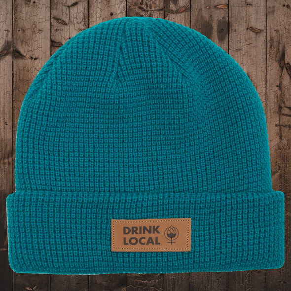 Drink Local Leather Patch Waffle Beanie-Aqua