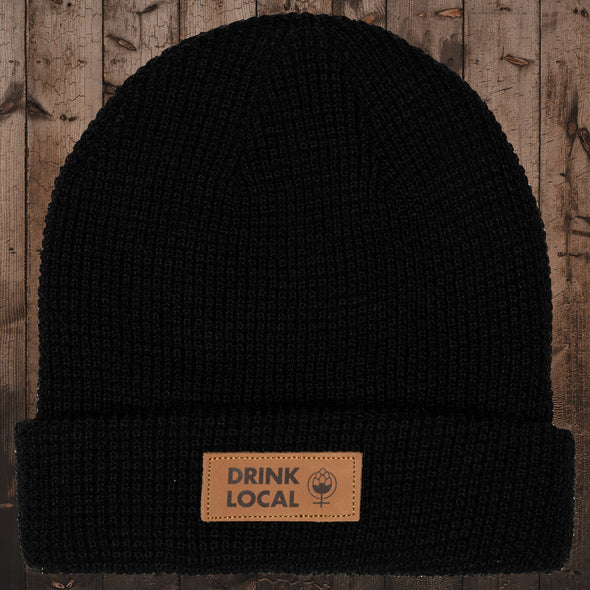 Drink Local Leather Patch Waffle Beanie-Black