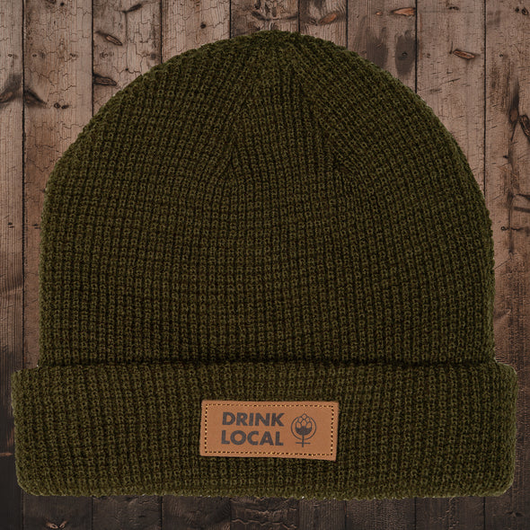 Drink Local Leather Patch Waffle Beanie-Surplus Olive