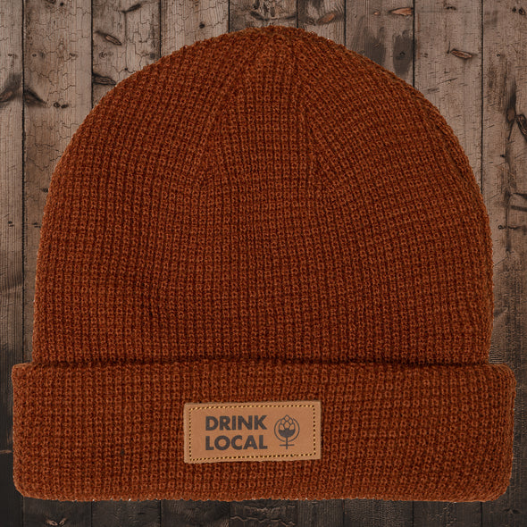 Drink Local Leather Patch Waffle Beanie-Texas Orange